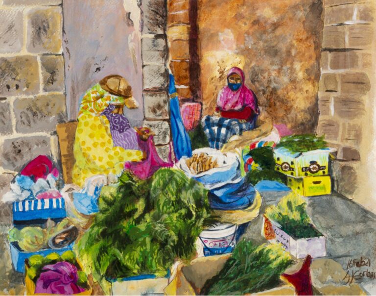 Two ladies selling herbs in a market.