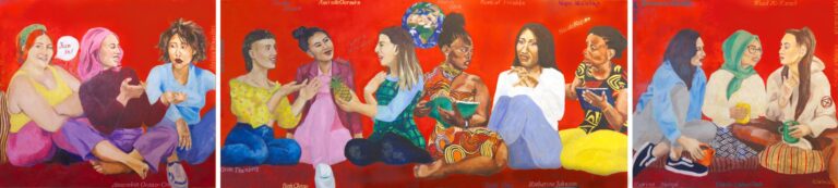 twelve ladies sitting on the ground, in discussion