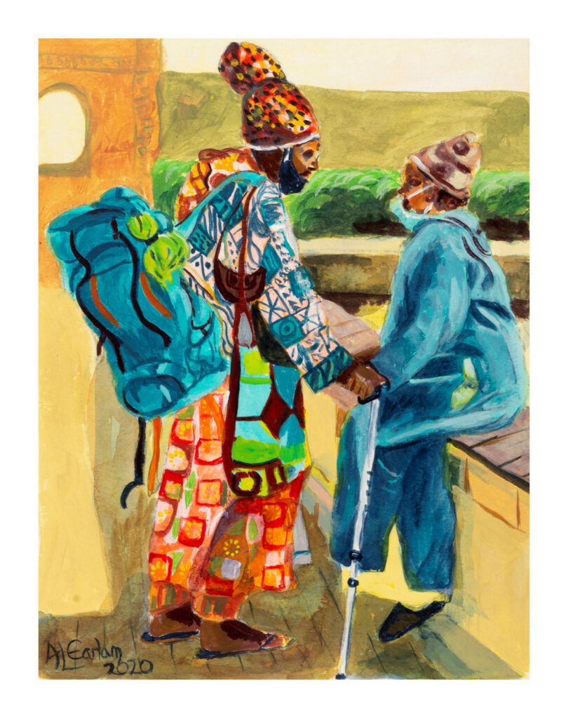 Two men, one brightly dressed, shake hands