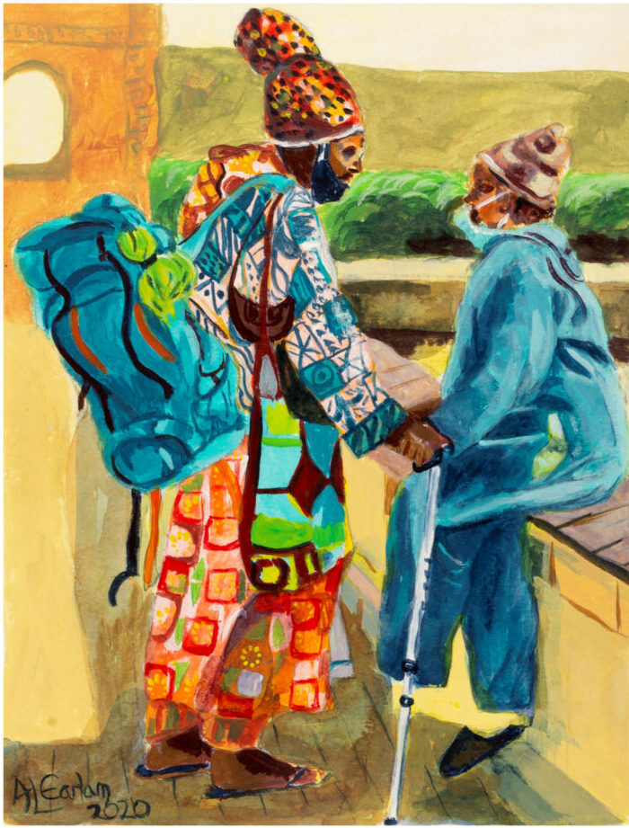 Two men, one brightly dressed, shake hands