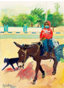 Young boy sitting on a brown donkey