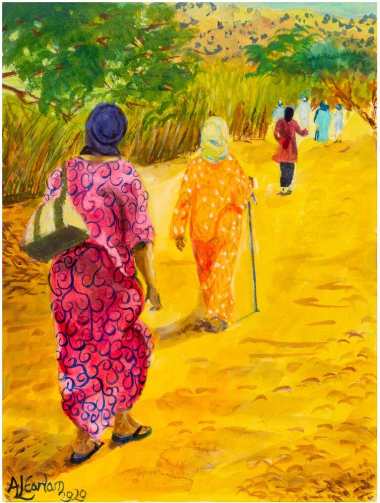 A line of brightly dressed women walking away from the viewer