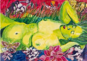 A green skinned woman bathing