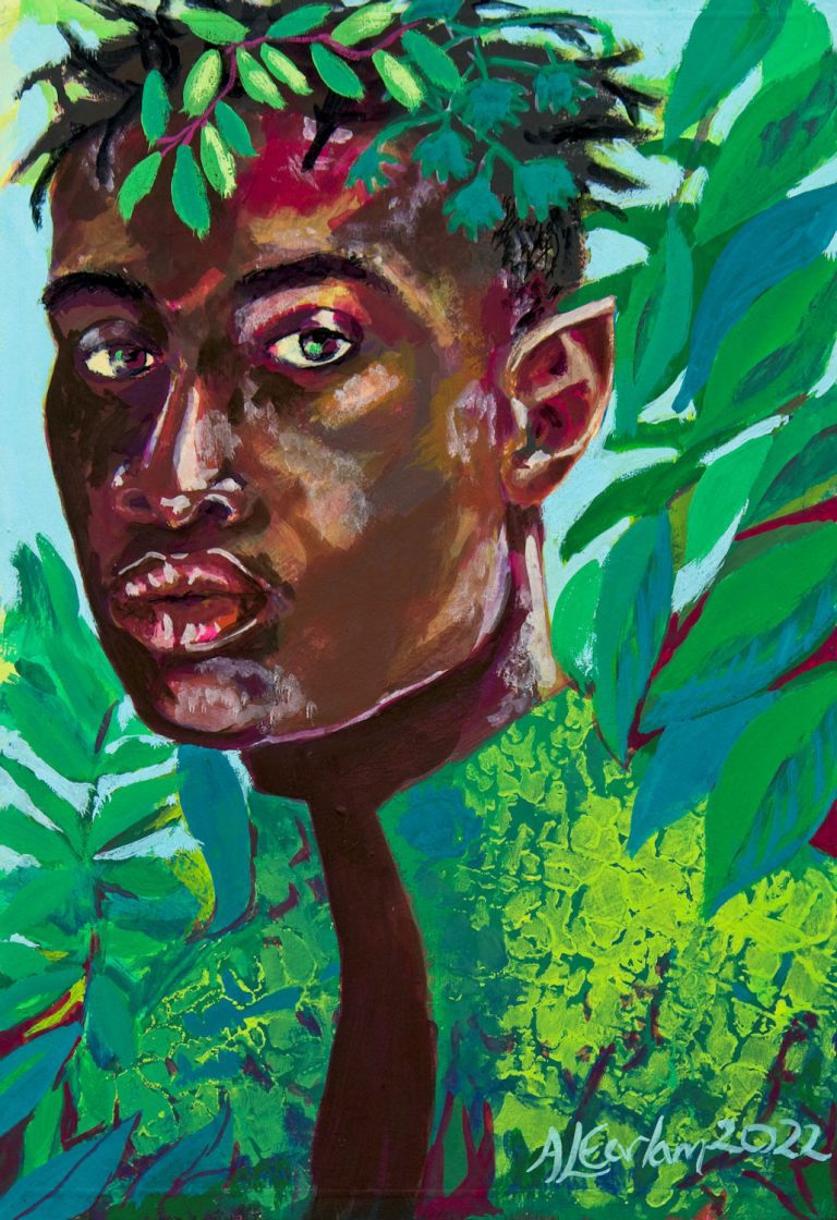 A young Black man surrounded by green foliage