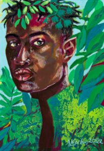 A young Black man surrounded by green foliage