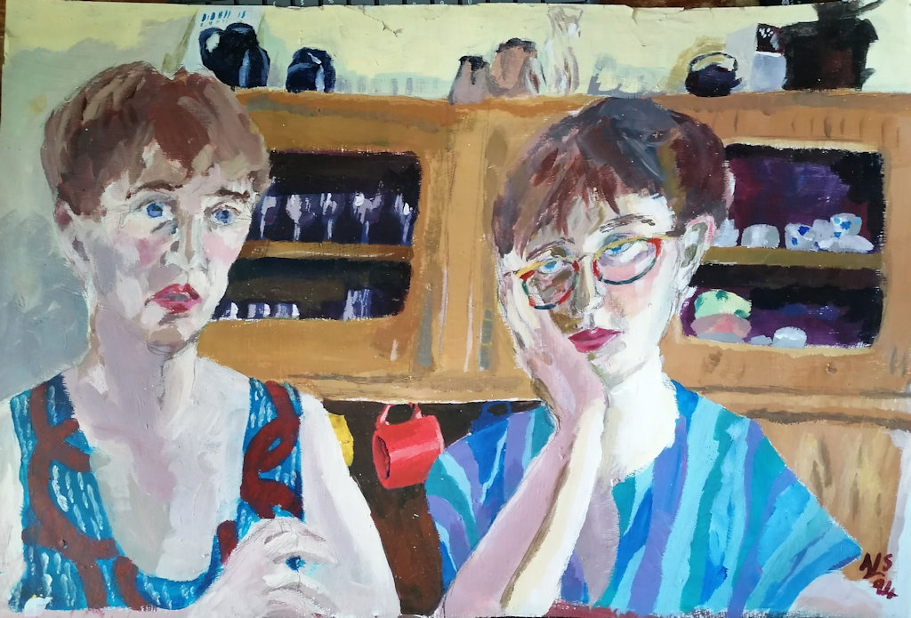 Two identical ladies side by side. Double self portrait