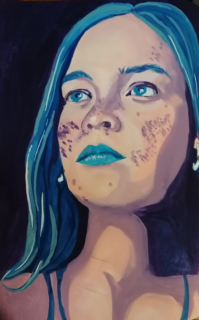 A young woman with blue hair