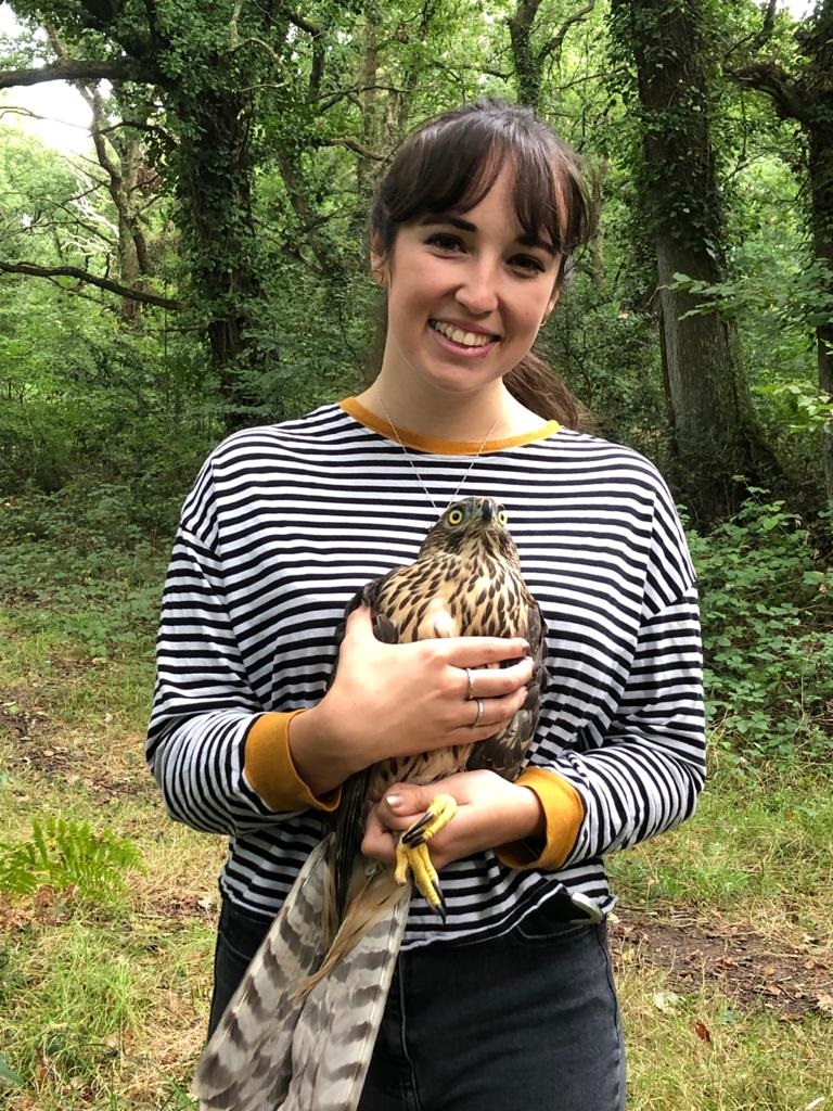 A young woman holding a raptor bird