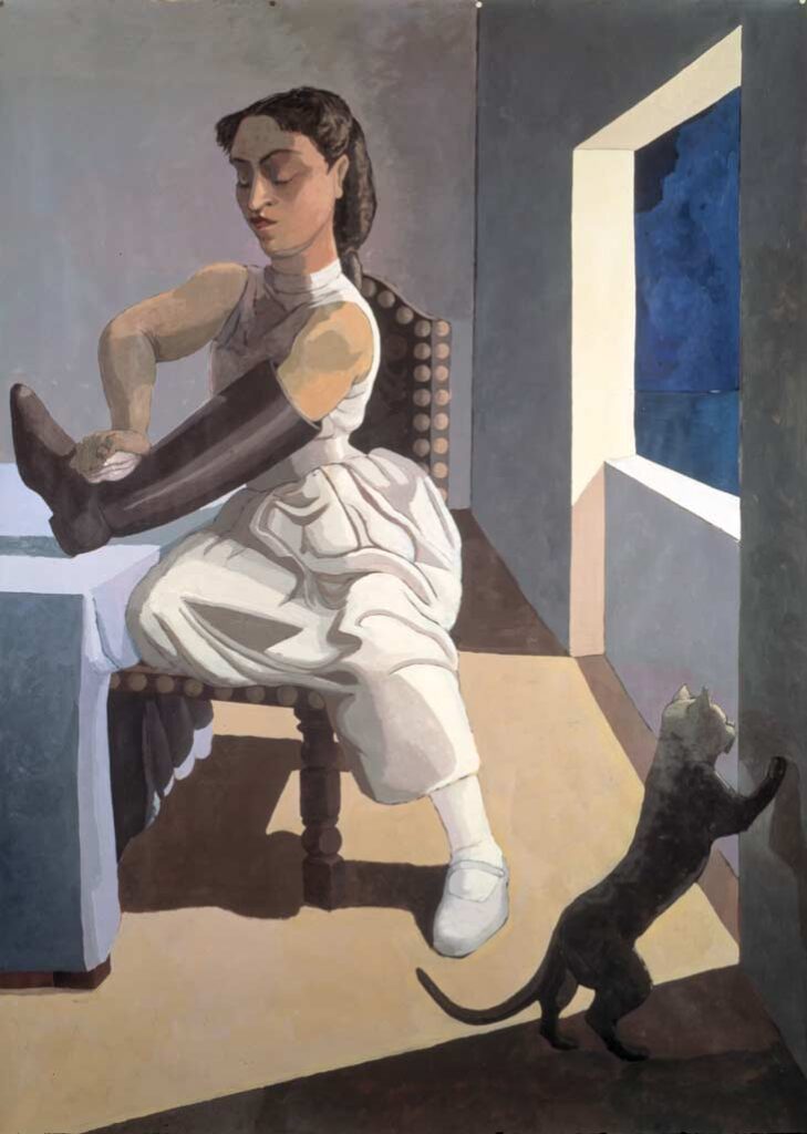 A painting of a young woman polishing a boot.