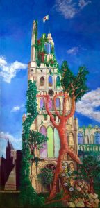 A cathedral tower, covered in vegetation