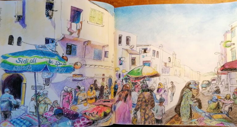A bustling market, drawn in coloured pencil