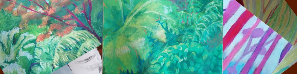 Colour sketches in acrylic and pastel, including green things