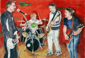 Four members of a garage band playing a gig