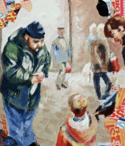 A man in an anorak sells a copy of th Big Issue to a child and their father