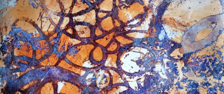 Squiggly abstract in blue and bronze