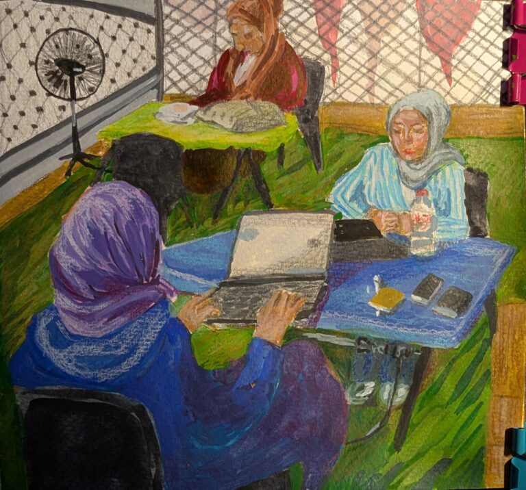 Three women in a tent cafe in Gaza