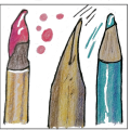 Drawing of a paintbrush, a pen and a pencil
