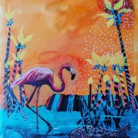 A flamingo with a fantasy background