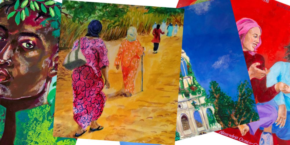 four paintings overlapping each other making an artist portfolio image