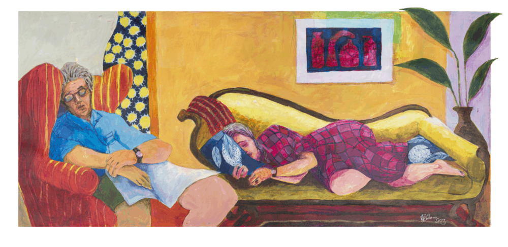 A man asleep in an armchair, a woman asleep on a sofa. An afternoon snooze